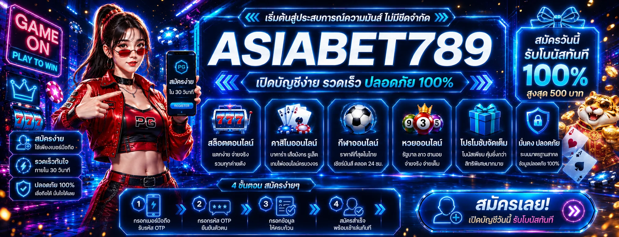 แบนเนอร์สมัครสมาชิก ASIABET789 พร้อมมาสคอตเสือนำโชค